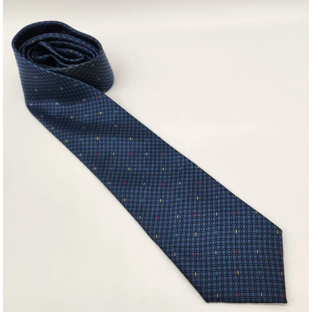 100% Silk Mens Tie by LD14‎ Made In Italy Blue Geometric